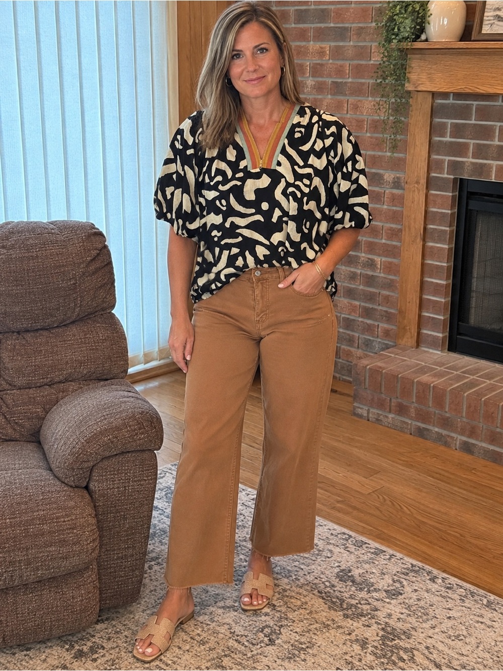 THML Black & Cream Abstract V-Neck Blouse with Striped Trim